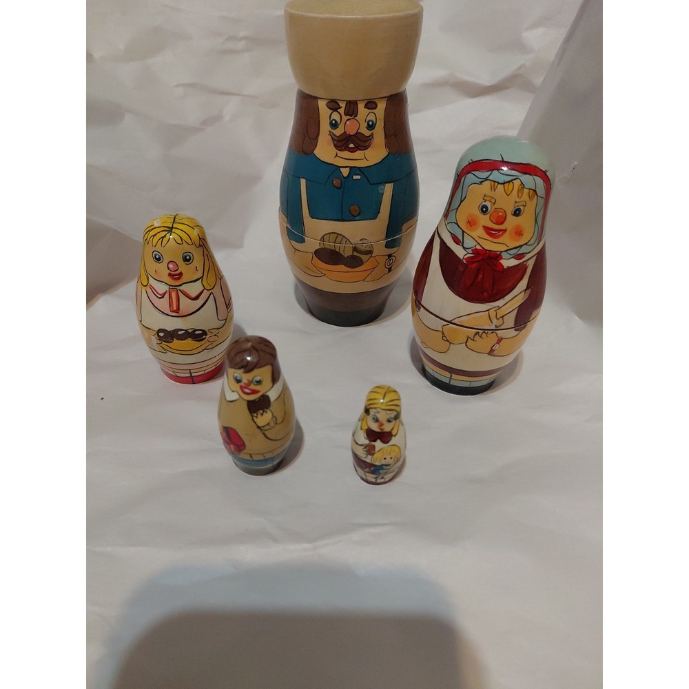 Wooden Set Of 5 Nesting Dolls Baker His Wife And Children Vtg Lillian Vernon